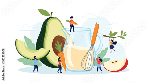 Conceptual illustration of tiny people preparing healthy meal with giant avocado, carrots, fresh milk, and apple slices.