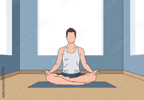 Man Meditating Peaceful Pose Inside Room Calm Mindfulness Practice Inner Peace Relaxation Wellness Healthy Lifestyle Balance Serenity Well Being