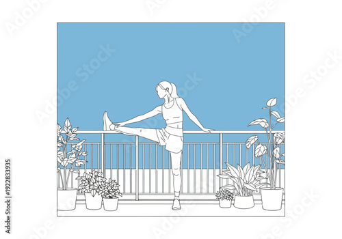 Woman stretching leg on balcony railing with potted plants and clear blue sky background exercise wellness lifestyle concept