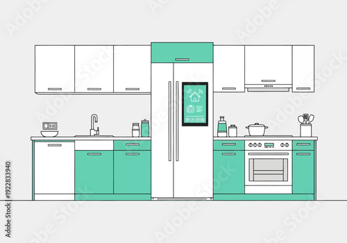 Modern Contemporary Kitchen Interior Design With Smart Refrigerator And Integrated Appliances For Home Living