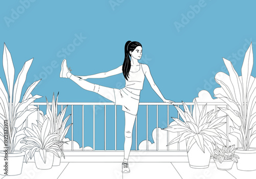 Young Woman Practicing Yoga And Stretching On A Balcony Surrounded By Lush Green Plants Against A Clear Blue Sky Background