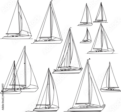 Collection of handdrawn sailboats with various sail configurations isolated on transparent background