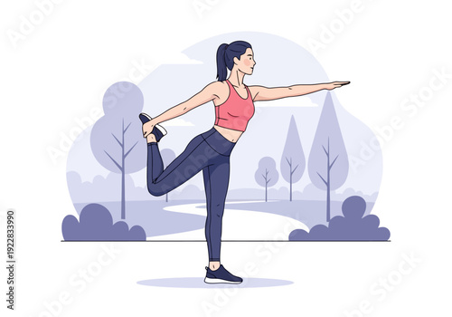 Woman Performing Dancer Pose In Park Yoga And Fitness Training Outdoors In A Serene Natural Landscape