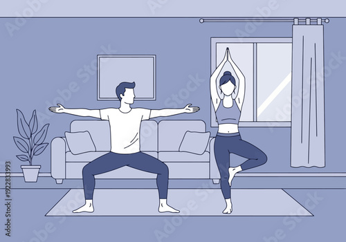 Athletic Couple Practicing Yoga Poses Together Indoors Promoting Wellness and Balance on Rug in Living Room Setting