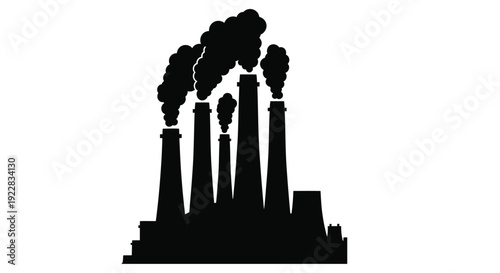 Silhouetted industrial factory complex emitting dark smoke against a white background