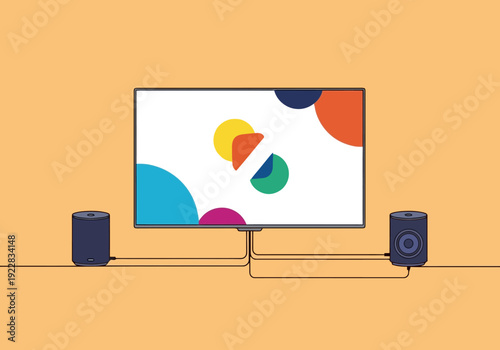 Modern flat screen display with connected audio speakers for home entertainment technology concept against warm wall background