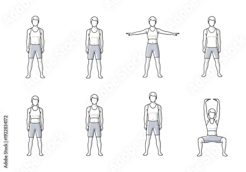 Fitness Routine Figure Poses Demonstrating Physical Activity and Exercise Movements for Health and Wellness