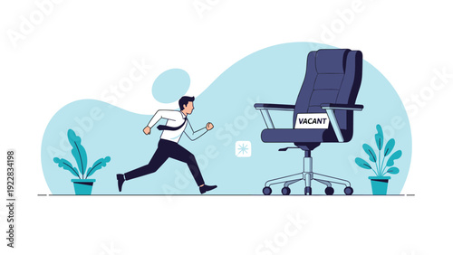Ambitious man running as fast as he can towards giant vacant office chair representing pursuit of career promotion.