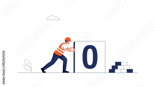 Determined construction worker in safety gear pushing giant white block with large blue number zero on it to reach project milestone.
