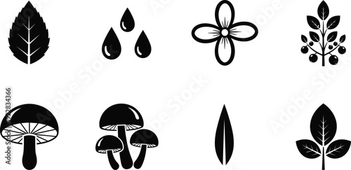 Black nature icon set with leaf shapes water drops flowers and mushroom silhouettes isolated on white background for organic environmental design