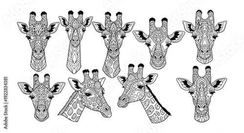 A collection of intricately patterned giraffe heads in black and white