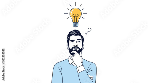 Pensive man with hand on chin looking up at glowing lightbulb representing new idea, inspiration, and problem solving.