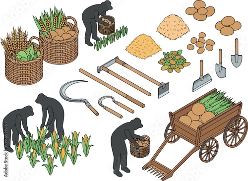 Bears harvesting crops and vegetables in a garden with various farming tools and a cart