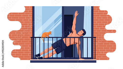 Athletic shirtless man practicing side plank yoga pose on balcony with his orange cat watching him during morning exercise.