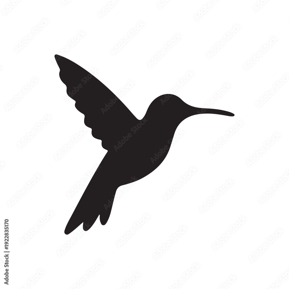 Obraz premium A black silhouette vector illustration of a wild hummingbird in flight featuring artistic wings and a sharp beak isolated on a white background for nature design