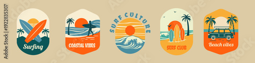 Retro surf club badge collection with ocean waves, palm trees, and tropical sun. Vintage vector emblems for t-shirt prints, beachwear design, summer logos, and coastal branding projects.