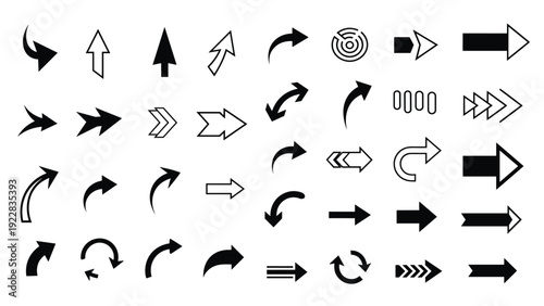 Large collection of different black and white arrow symbols in various styles including curved, straight, hollow, and bold for navigation icons.