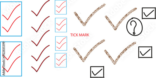 Checkmarks and question marks on a whiteboard