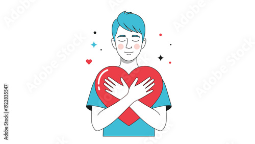 Young man with blue hair hugs a large red heart with closed eyes expressing self-love, compassion, and emotional well-being and kindness.