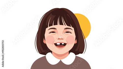 Close up portrait of a happy young girl with brown hair laughing and showing missing front teeth with a yellow sun in the background.