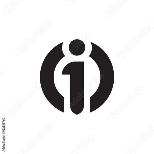 Minimalist black and white symbol featuring a stylized human figure enclosed in a circular frame