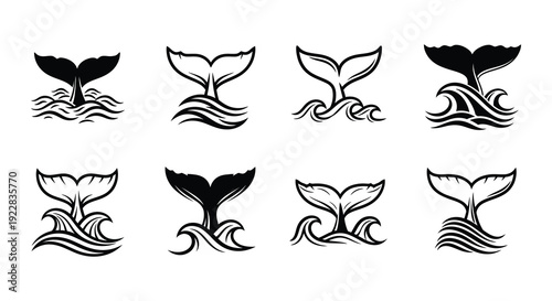 Black and white illustration of whale tails emerging from ocean waves