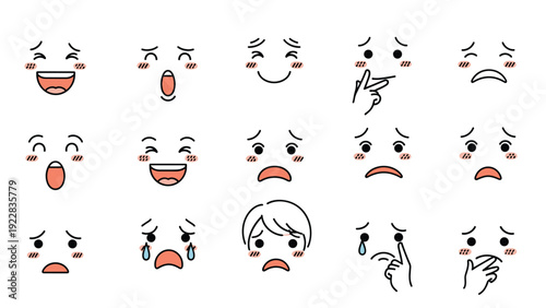 Wide range of simple hand-drawn facial expressions showing emotions like joy, sadness, fear, and surprise in a minimalist style.