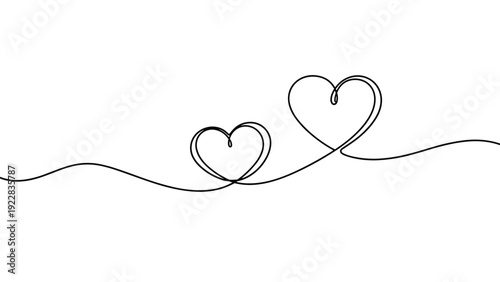 Elegant continuous line drawing of two connected hearts on a white background symbolizing eternal love, unity, and minimalist romance.