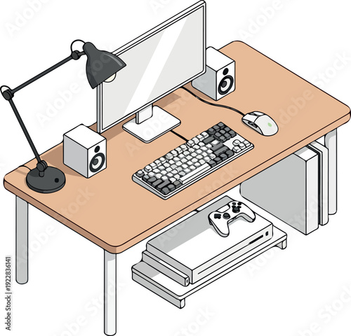 A 3D illustration of a computer workstation with a desk, monitor, keyboard, and gaming console, viewed from an isometric perspective.