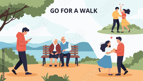 Diverse people enjoying time outdoors in park with elderly couple on bench and young couples dancing near lake.