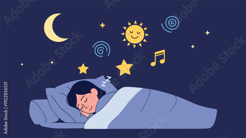 Peaceful illustration of a woman sleeping in a bed at night surrounded by a crescent moon, stars, a sun, and musical notes in her dreams.