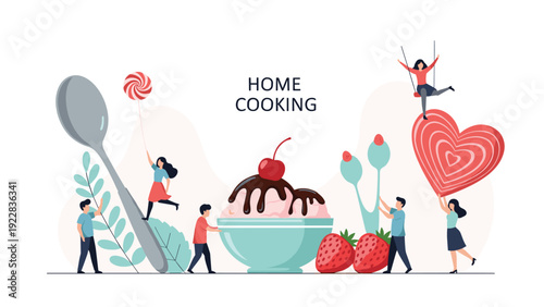 Whimsical conceptual illustration of tiny people preparing giant bowl of ice cream with chocolate sauce and strawberries.