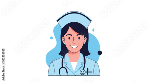 Friendly smiling female nurse in light blue uniform wearing traditional nurse cap and holding a stethoscope to help patients.