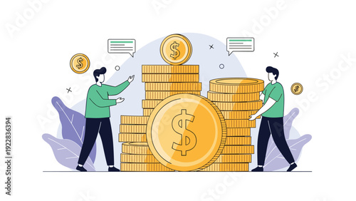 Two successful businessmen standing next to massive stacks of golden dollar coins discussing financial growth and wealth.