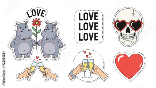 Collection of romantic love themed sticker designs featuring hippos, heart shaped glasses on skull, and toasting glasses.