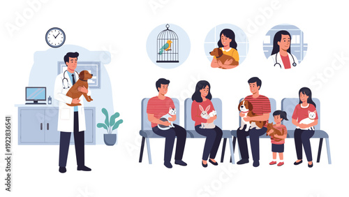 Busy veterinary clinic waiting room with diverse pet owners holding their dogs, cats, and rabbits while vet arrives.
