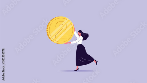 Businesswoman running with large golden coin represents financial success, profit growth, and wealth management in modern flat illustration style.