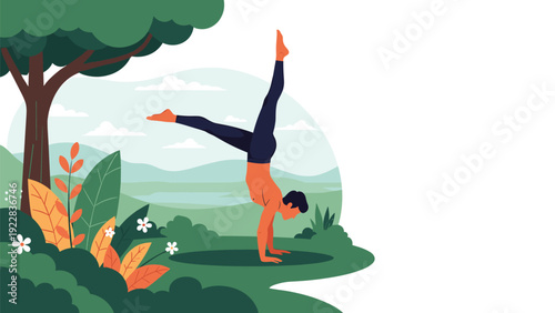 Athletic man practicing an advanced yoga handstand pose in a beautiful green landscape with trees, mountains, and flowers during daytime.