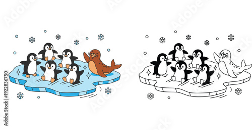 Cute Penguins and Seal on Ice Floe - Adorable Arctic Animals Cartoon