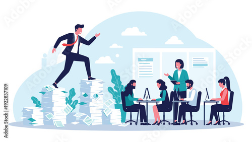 Ambitious businessman climbing a high mountain of paperwork in an office while colleagues work at their desks in the background.