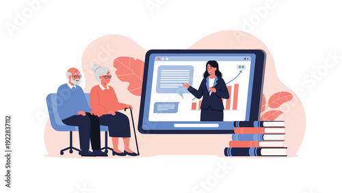 Elderly couple sitting on a sofa and watching an educational business lecture or webinar on a large tablet screen with books nearby.