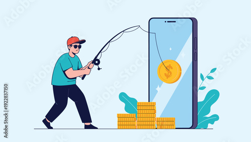 Man in sunglasses using a fishing rod to catch a gold coin inside a giant smartphone screen representing digital earnings or cybercrime risks.