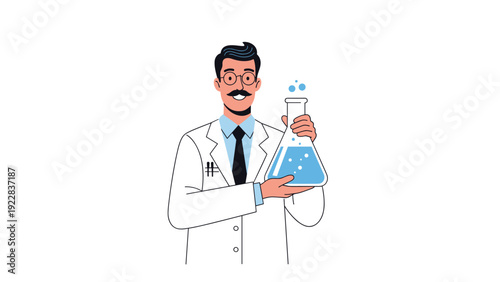 Happy male scientist or chemist wearing a white lab coat and glasses while holding a glass flask filled with bubbling blue chemical liquid.