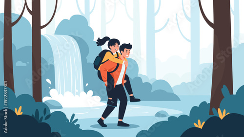 Happy young man giving a girl a piggyback ride while hiking through a lush forest with a beautiful waterfall and mountains in the background.