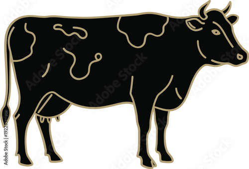 Minimalist Golden White Line Art Holstein Dairy Cow Illustration Black Background