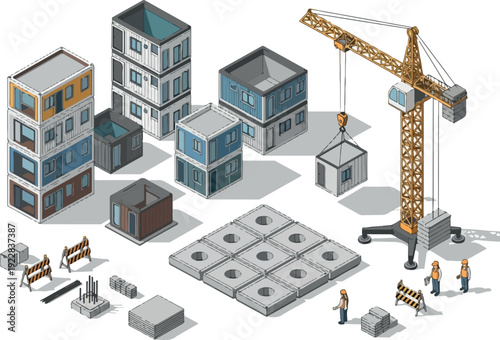 Construction site illustration showing buildings under development with crane lifting concrete blocks