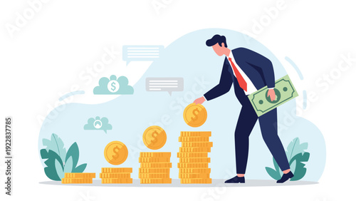 Successful businessman stacking gold coins into a growing tower next to banknotes representing wealth building and financial growth.