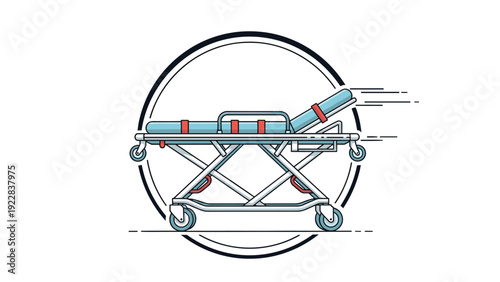 Industrial design of a modern medical hospital stretcher or gurney shown in profile within a circular frame with motion lines.