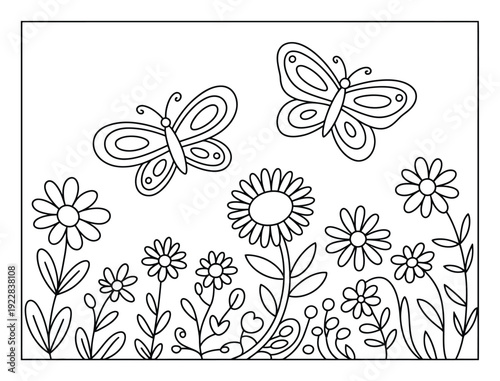 Two Butterflies Flying Over a Field of Flowers, Coloring Page