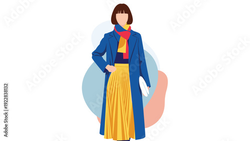 Fashionable woman standing in a stylish winter outfit consisting of a blue long coat, yellow pleated skirt, and a colorful scarf.